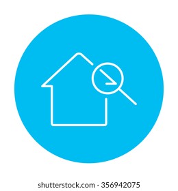 House and magnifying glass line icon for web, mobile and infographics. Vector white icon on the light blue circle isolated on white background.