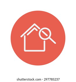 House and magnifying glass thin line icon for web and mobile minimalistic flat design. Vector white icon inside the red circle