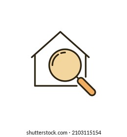 Casa con el vector de vidrio de aumento Icono o símbolo del concepto de búsqueda inmobiliaria