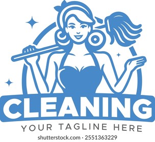 House Maid Logo with Broom for Cleaning Service, Cleaning Service Logo with Maid Icon, Maid Service Logo Design, Broom Maid Cleaning Logo Template