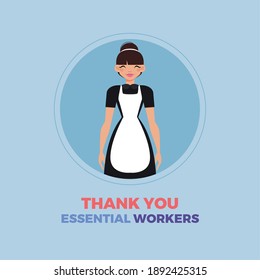 House maid woman blue thanks essential workers logo - Vector