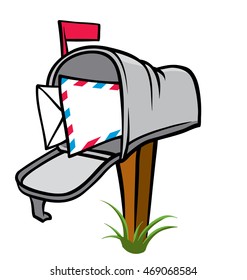 House Mailbox on a post with mail inside and red flag up