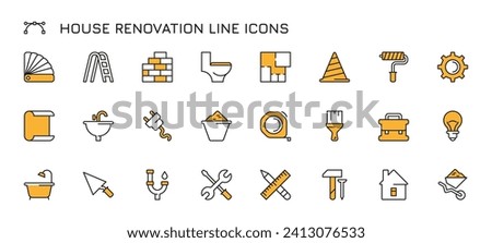 House maintanance repair icons. Wall repair and remodeling, wall painting and plastering tools and equipment. Vector house renovation set of house repair illustration Foto stock © 