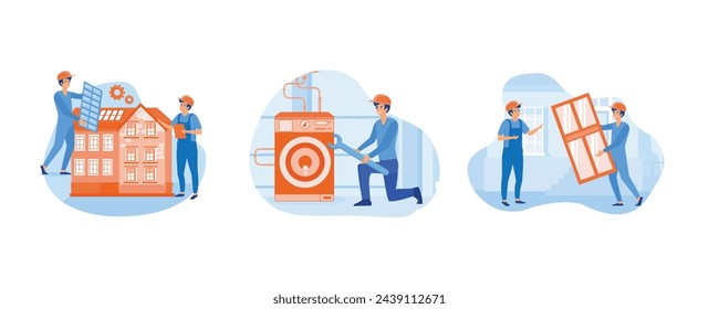 House maintenance abstract concept. Basement services, Hire contractor metaphor. Windows and doors replacement and installation. Set flat vector modern illustration
