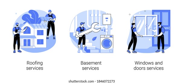 Conjunto de ilustraciones vectoriales de concepto abstracto de mantenimiento de casa. Servicios de revestimiento y sótano, reemplazo e instalación de ventanas y puertas, vidrio roto, pantalla de vuelo, metáfora abstracta del contratista de alquiler.