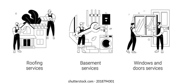 House maintenance abstract concept vector illustration set. Roofing and basement services, windows and doors replacement and installation, broken glass, fly screen, hire contractor abstract metaphor.