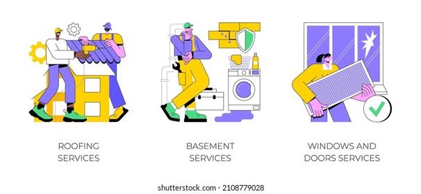 House maintenance abstract concept vector illustration set. Roofing and basement services, windows and doors replacement and installation, broken glass, fly screen, hire contractor abstract metaphor.