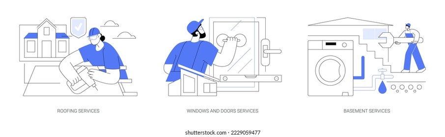 House maintenance abstract concept vector illustration set. Roofing services, windows and doors replacement and installation, basement repair, leak inspection, hire contractor abstract metaphor.