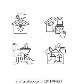 House Maintenance Linear Icons Set. Lighting Installation. Home Alarm System. Plumbing Installation. CCTV. Home Decor. Customizable Thin Line Contour Symbols. Isolated Vector Outline Illustrations