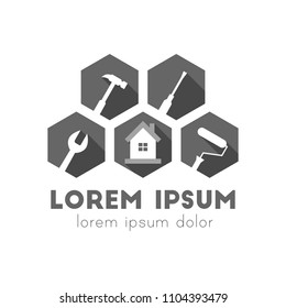 House maintenance logo concept with work tool icons in flat design