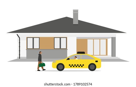 House and male character going to taxi on white background