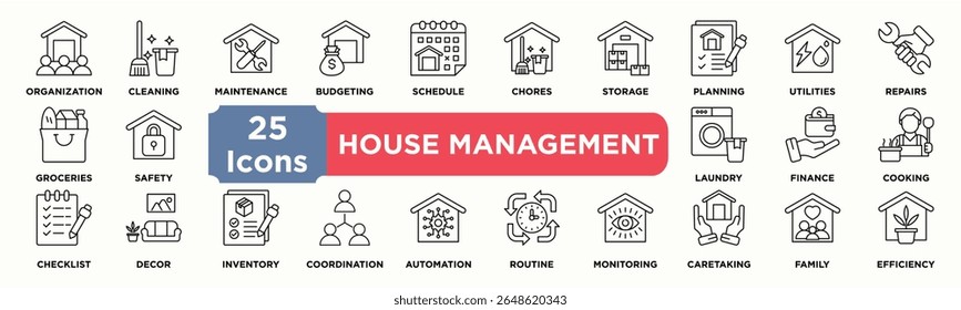 Conjunto de coleta de ícone HOUSE MANAGEMENT. Ícone contendo organização,limpeza,manutenção,orçamento,programação,tarefas,armazenamento,planejamento,utilitários,reparos. Vetor de linha simples.

