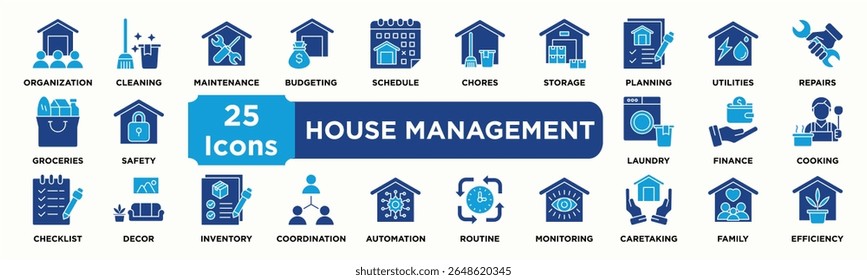 Conjunto de coleta de ícone HOUSE MANAGEMENT. Contendo organização, limpeza, manutenção, orçamento, agendamento, tarefas, armazenamento, planejamento, utilitários, ícone de reparos. vetor de tom duplo.