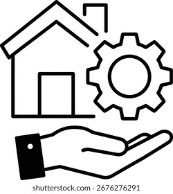 Vector del icono de la administración de la casa, contorno negro de la mano que sostiene el hogar con el símbolo del engranaje. Mantenimiento de Propiedades, Servicio Inmobiliario, Casa Inteligente, Vivienda, Construcción, Arquitectura, Contratista, Edificio