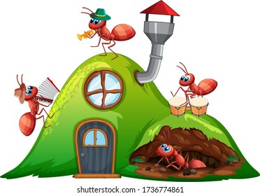 House with many ants playing music illustration