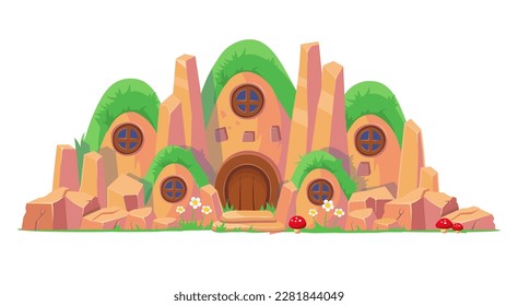 House with many windows in the mountain. Hobbit house, castle in the mountain, hills with houses, anthill. Cartoon style for kids. Stone house.