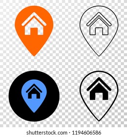House map marker EPS vector pictogram with contour, black and colored versions. Illustration style is flat iconic symbol on chess transparent background.