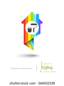 House map pin design with painting tools. Painter and decorator logo concept.