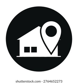 A house with a map pin icon, symbolizing location and real estate concepts