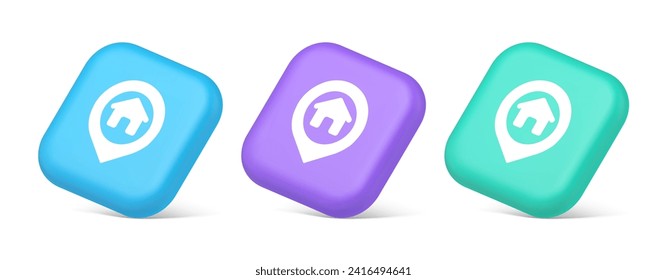 House map pin location button navigation panel web app GPS network pointer 3d realistic blue purple and green icons. Real estate hotel finding online direction travel address