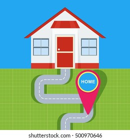 House is marked on the map. Point on the map. Flat cartoon illustration. Objects isolated on a white background.