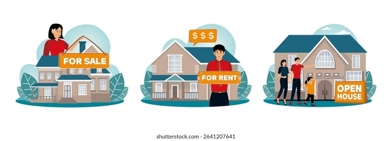 A house marked For Sale with a woman presenting the property. A cheerful agent holding a For Rent sign in front. Family of three standing outside a contemporary house during an open house.