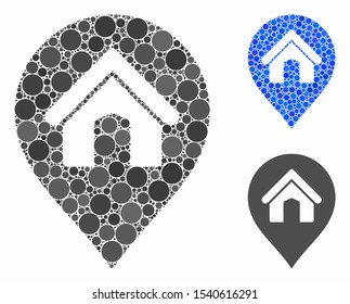 House marker composition of small circles in variable sizes and color tints, based on house marker icon. Vector small circles are combined into blue composition.