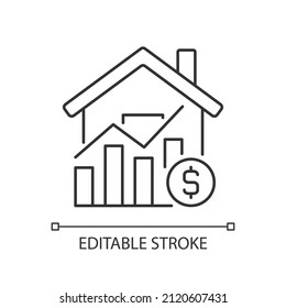 Icono lineal de los precios del mercado de la vivienda. Aumento del precio de la lealtad. Compras inmobiliarias. Venta de propiedades. Ilustración de línea delgada. Símbolo de contorno. Dibujo del contorno del vector. Trazo editable. Tipo de letra arial utilizado