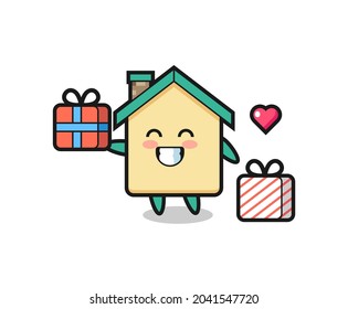 house mascot cartoon giving the gift , cute design
