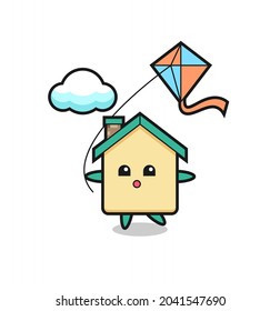 house mascot illustration is playing kite , cute design