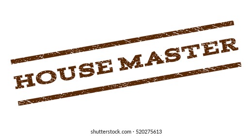 House Master watermark stamp. Text caption between parallel lines with grunge design style. Rubber seal stamp with unclean texture. Vector brown color ink imprint on a white background.