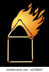 house of matches on fire, isolated on black background