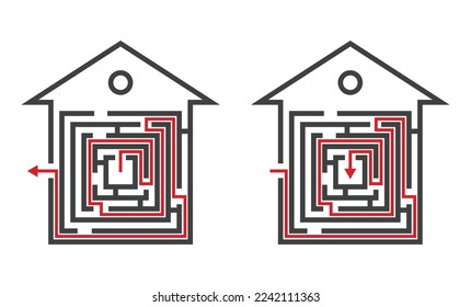Casa con laberinto de laberinto de laberinto y flecha dentro del icono