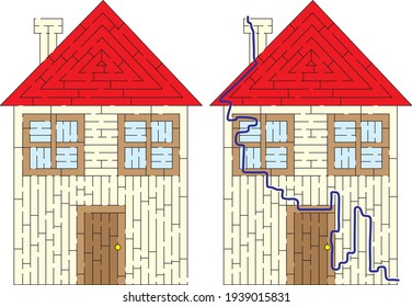 House maze for kids with a solution