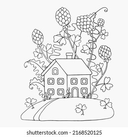 House in a meadow surrounded by ferns and clover. Vector hand-drawn illustration for printing, postcards, coloring books