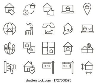 house, measurement, size set vector icons. Real estate icon set. Simple Set of Real Estate Related Vector Line Icons. Contains such Icons as Map, Plan, Bedrooms