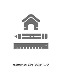 Medición de la casa, herramienta de medida para el hogar, icono gris del plan arquitectónico.