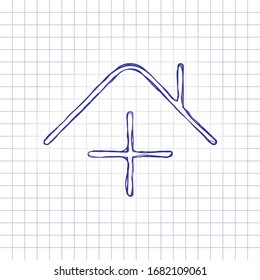 House and medical cross, clinic or hospital, outline design. Hand drawn picture on paper sheet. Blue ink, outline sketch style. Doodle on checkered background