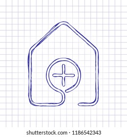 house with medical cross icon. line style. Hand drawn picture on paper sheet. Blue ink, outline sketch style. Doodle on checkered background