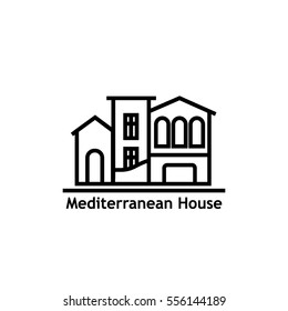 House in Mediterranean style, real estate icon, line illustration, logotype, mansion, residence, hotel