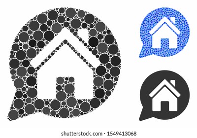 House mention composition of filled circles in various sizes and color tints, based on house mention icon. Vector filled circles are grouped into blue collage.