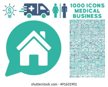 House Mention icon with 1000 medical commercial cobalt and cyan vector design elements. Clipart style is flat bicolor symbols, white background.