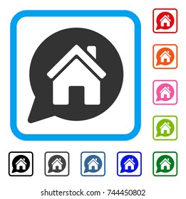 House Mention icon. Flat gray iconic symbol in a blue rounded rectangle. Black, gray, green, blue, red, orange color variants of House Mention vector. Designed for web and application user interface.