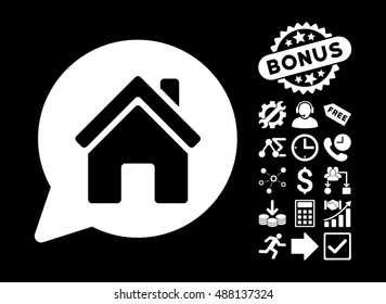House Mention pictograph with bonus design elements. Vector illustration style is flat iconic symbols, white color, black background.