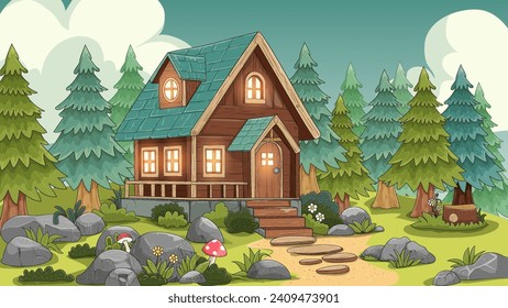 house in the middle of the forest with beautiful views, forest background