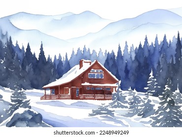 house in the middle forest in snow drawn digital painting watercolor illustration