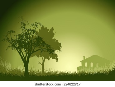House in Mist with some Trees in the foreground