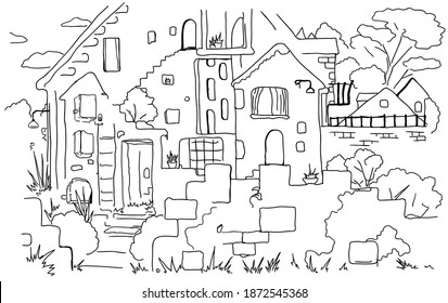 House mixed abstract cartoon line drawing, vector, horizontal, black and white
