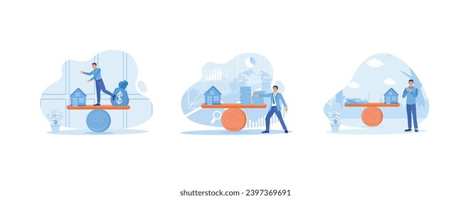 House Model Balance Equilibrium Concept. Balance of house model and money in the sack. It is a small house model and a stack of coins on a seesaw. set trend modern vector flat illustration