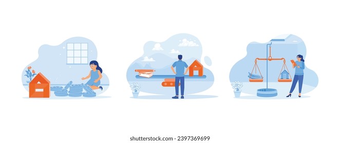 Concepto de Equilibrio de Equilibrio de Equilibrio de Modelo de Casa. La mano de las niñas protege una pila de monedas. Saldo. Comparación de dinero y modelos de vivienda. establecer tendencia moderna vector de ilustración plana